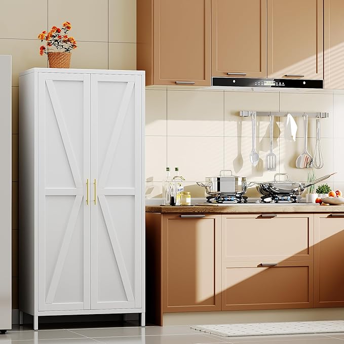 SUPEER Metal Wardrobe Cabinet with Hanging Rod,Metal Wardrobe Closet with Doors and Adjustable Shelves, Armoire Closet Locker for Home,Office,H70.9 X W31.5 X D17.7,Installation Required,White