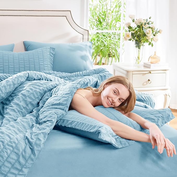 CozyLux Queen Comforter Set Sky Blue Seersucker 7 Pieces Bed in a Bag Queen - Image 7
