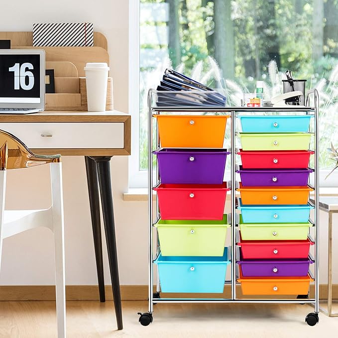 GOFLAME 15-Drawer Rolling Storage Cart, Craft Storage Cart with Removable Drawers & Lockable Wheels, Art Cart Supply Storage Organizer for Home Office Classroom, Multicolor