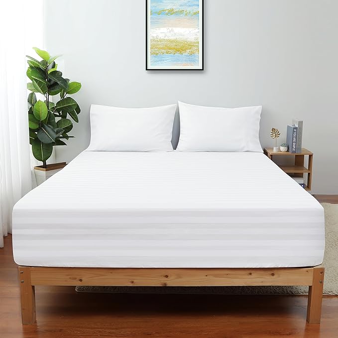 Twin XL Size Striped Fitted Sheet Only White Color, 100% Egyptian Cotton 600 by ShunjieHome