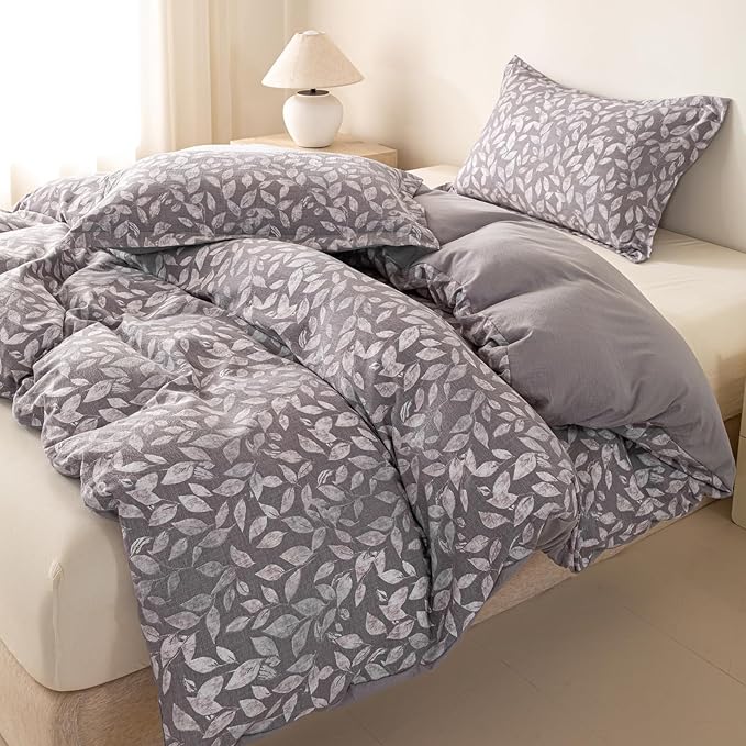 OAITE Grey Fallen Leaves Twin Size Duvet Cover-3 Pieces Prewashed Cotton-Like - Image 5
