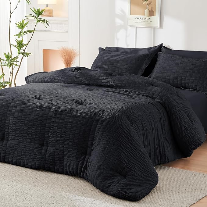 HYMOKEGE Black Oversized King Comforter Set Seersucker 7 Pieces, All Season - Image 8