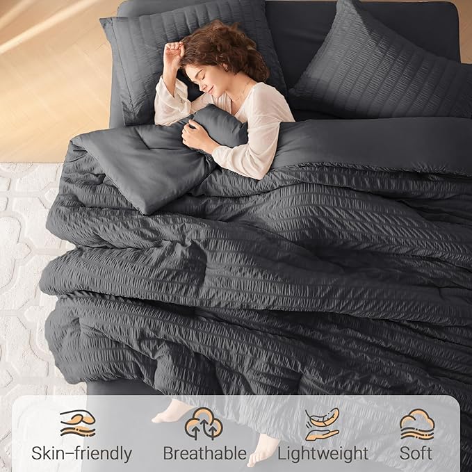 MUXHOMO 7 Pieces Full Comforter Set, Seersucker Bed in a Bag Full Size - Image 2