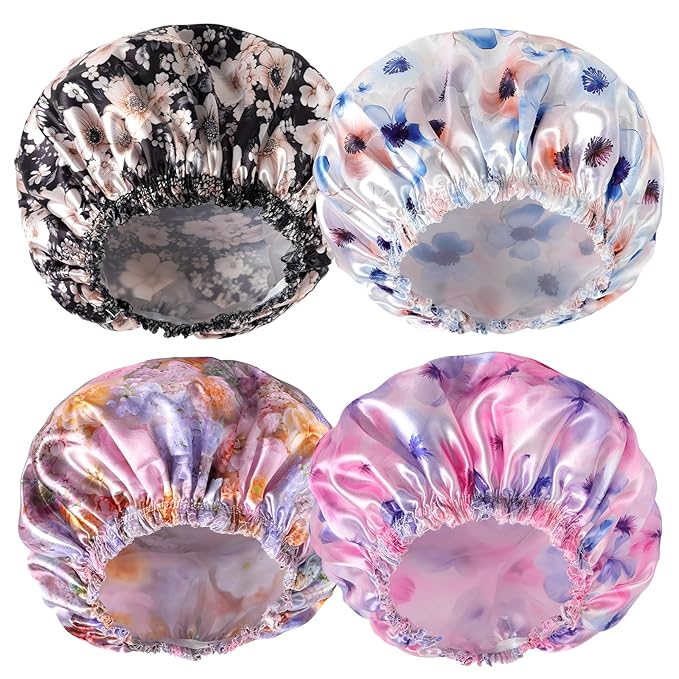 4 PCS Shower Caps for Women, Printing Bath Caps, Double Layers Shower Cap by CHFONGDIRECT