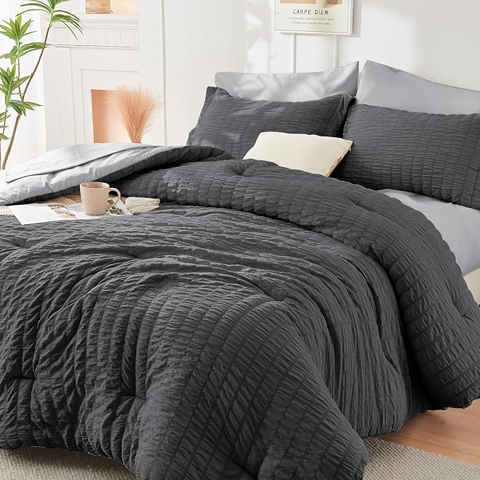 HYMOKEGE Dark Grey/Light Grey Twin Comforter Set Seersucker 5 Pieces, All by HYMOKEGE