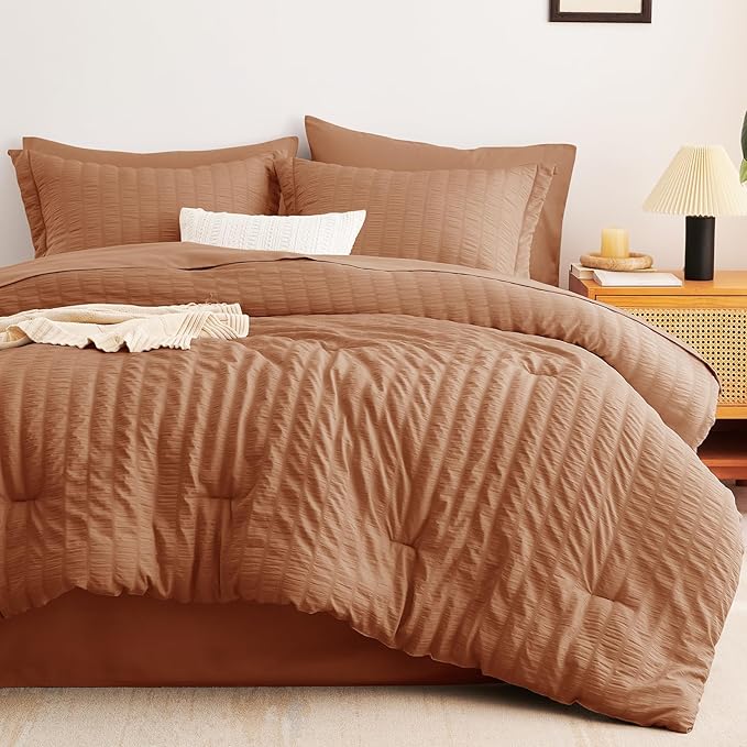 CozyLux King Size Comforter Set Pumpkin Seersucker 7 Pieces Bed in a Bag King - Image 9