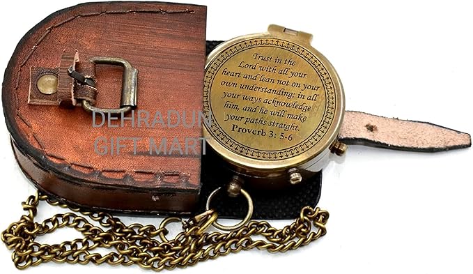 ''Trust in The Lord'' Proverb3:5-6 Special Bibal Quote Scriptue Engraved Compass with Leather Case Guidance Gift | Religious Gift Compass | Baptism Gift | Graduation Gift Compass