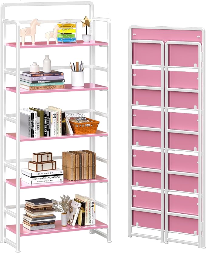 4NM No Assembly 5 Tiers Folding Bookshelf Storage Shelves Vintage Bookcase Standing Racks Study Organizer Home Office (Pink White)