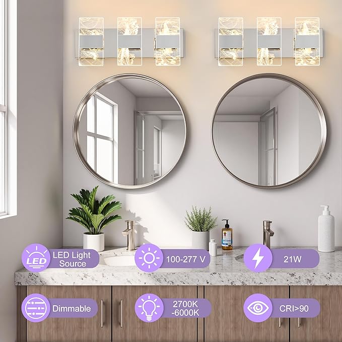 Modern LED Bathroom Light Fixtures Dimmable 3-Light Chrome Vanity Light - Image 2