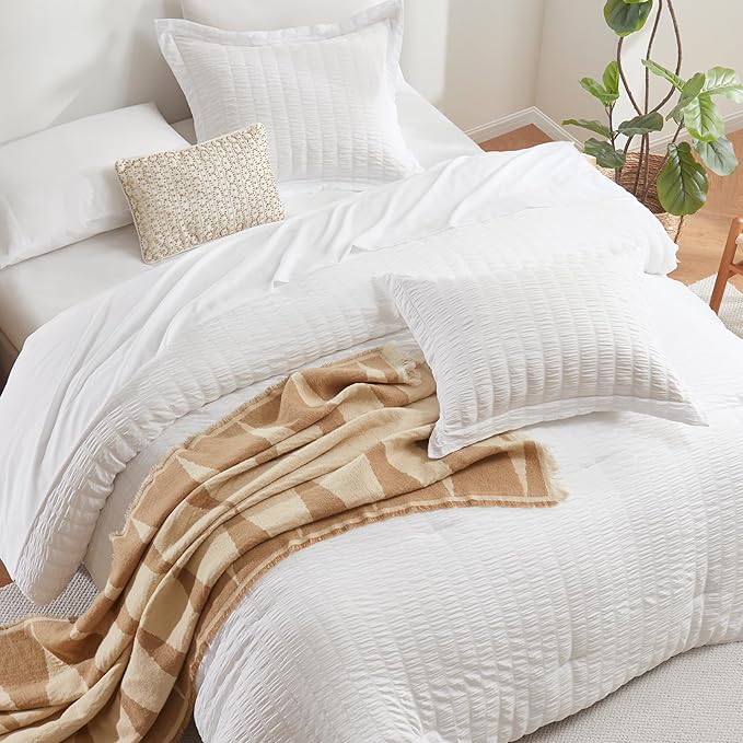 CozyLux Oversized King Comforter Set White Seersucker 7 Pieces 120x98 Bed in a - Image 4