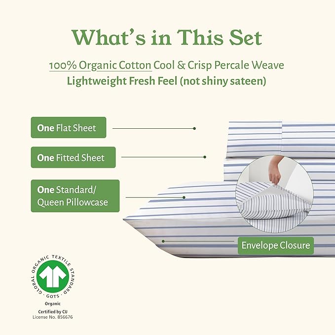 California Design Den Blue Stripe Sheets, 100% Organic Cotton Percale Sheets - Image 5