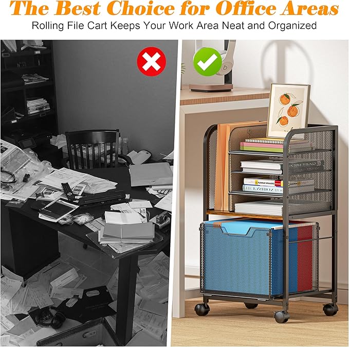 5-Tier Rolling File Cart Under Desk with Drawers, File Cabinet Organizer for Hanging File Folders, Letter-Size File Storage with Wheels, Multi-Layer Mobile Filing Cabinet for Under Desk Storage