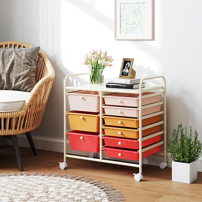 GOFLAME 9-Drawer Rolling Storage Cart, Mobile Utility Cart with Removable Drawers & Metal Frame, Art Craft Organizer Cart with Lockable Wheels, Storage Drawer Cart for Home Office, Macaron Color