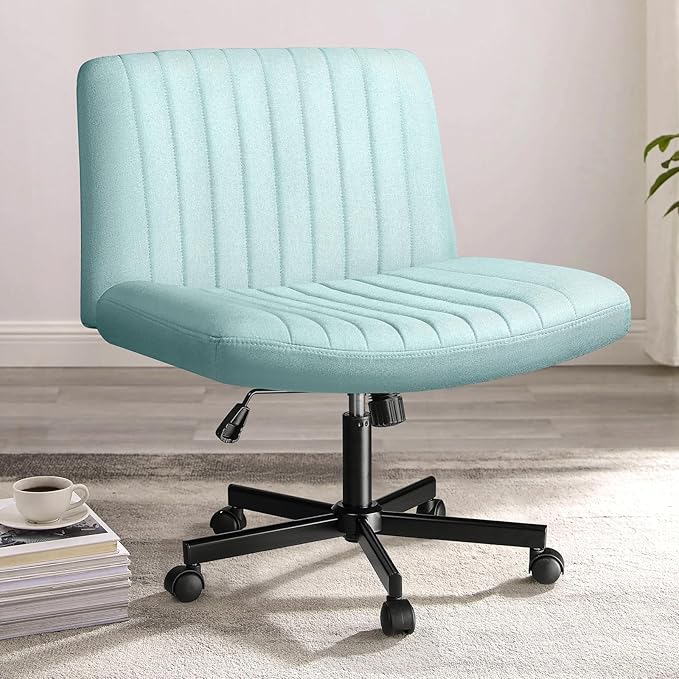 PUKAMI Criss Cross Chair with Wheels,Fabric Padded Armless Cross Legged Office Desk Chair for Home Office,Modern Swivel Height Adjustable Wide Seat Computer Task Vanity Chair(Mint Green)