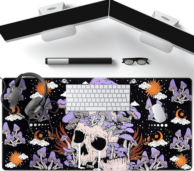 Black Mouse Pad Mushroom Desk Pad Skull Skeleton Purple Pc Laptop Office Keyboard Mouse Pads, Large Gaming Setup Office Extra Large Deskmat Laptop Mousepad 31.5x15.8 in-with Stitched Eges