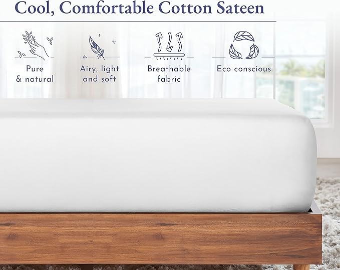 California Design Den White Fitted Sheet King, Soft 100% Cotton Sateen - Image 6