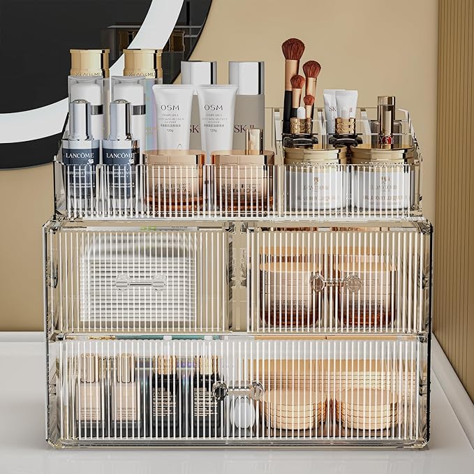ZHIAI Stackable Cosmetic Organizer, Acrylic Cosmetic Organizer for Dresser, Vanity, Kitchen Cabinet, Bathroom, Under Sink, Home Organization and Storage (1 Top 3 Drawers)