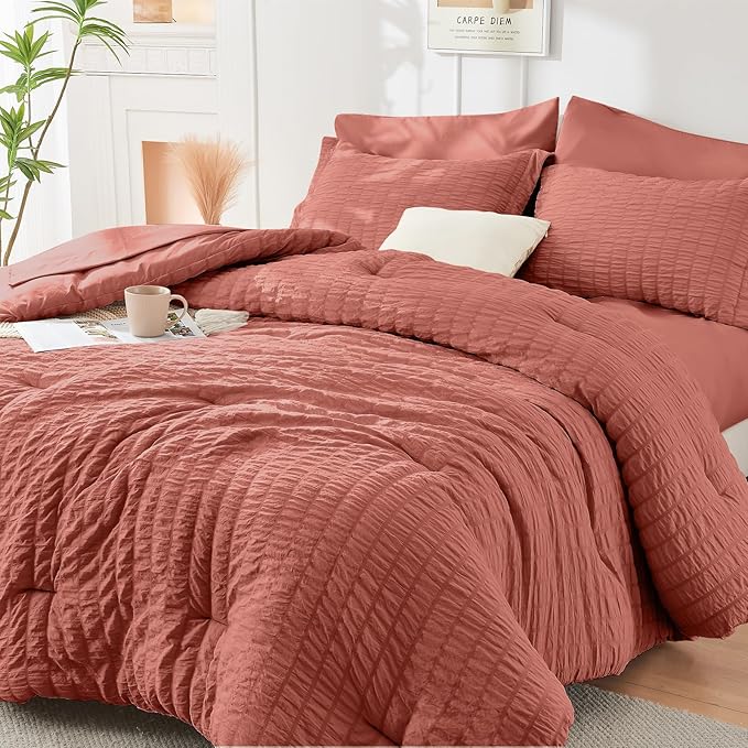 HYMOKEGE Coral Full Size Comforter Sets Seersucker 7 Pieces, All Season Luxury by HYMOKEGE
