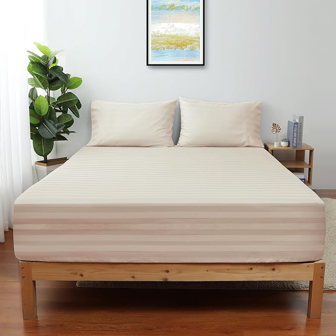 California King Size Striped Fitted Sheet Only Beige Color, 100% Egyptian by ShunjieHome