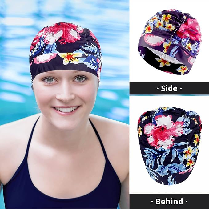 Swim Caps for Women Swimming, Comfort Pleated Swimming Cap for Long Hair - Image 2