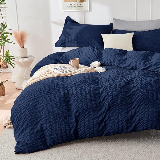 HYMOKEGE Navy Blue/Light Grey Duvet Cover King Size, Ultra Soft 3-Piece by HYMOKEGE