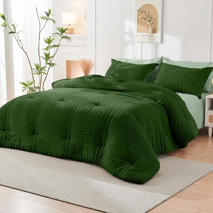 HYMOKEGE Dark Green/Sage Green Twin Comforter Set Seersucker 5 Pieces, All - Image 8