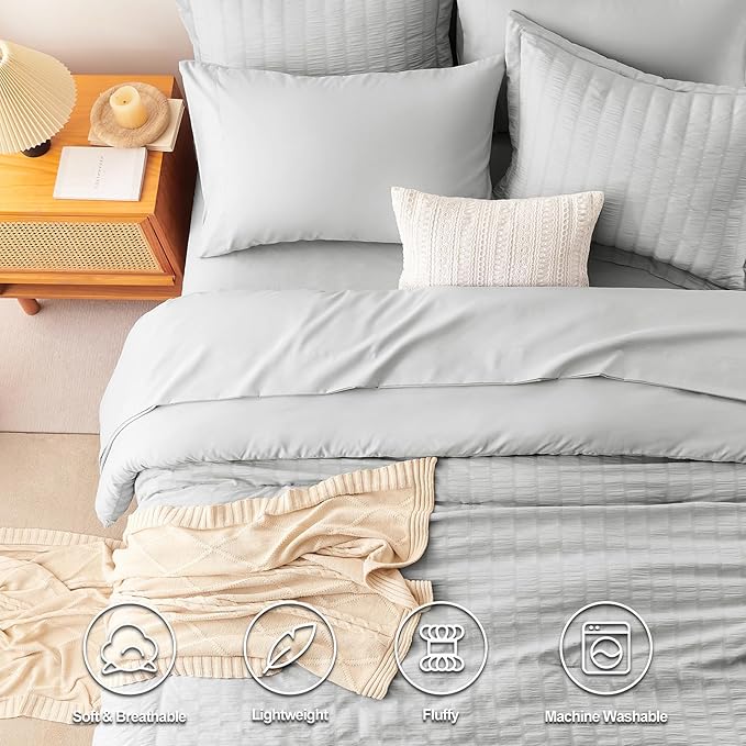 CozyLux Oversized King Comforter Set Light Grey Seersucker 7 Pieces 120x98 Bed - Image 2