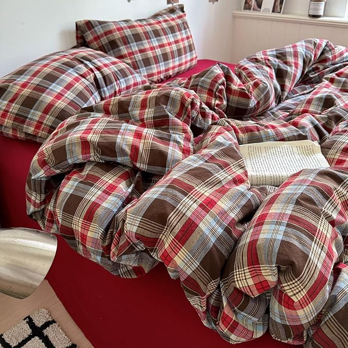 mixinni Vintage Red & Brown Buffalo Plaid Duvet Cover Set King Size - Image 8
