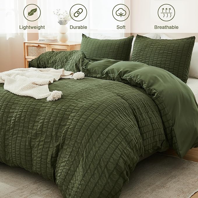 AveLom Dark Olive Green Seersucker Duvet Cover Set Full, 3 Pieces, Ultra Soft - Image 2