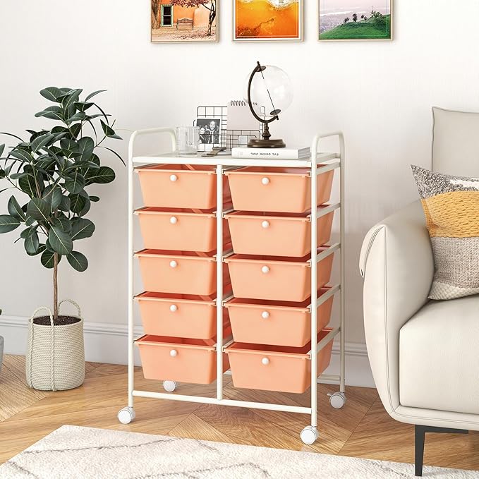 GOFLAME 10-Drawer Rolling Storage Cart, Art Craft Storage Organizer on Wheels, Multipurpose Movable Utility Cart for School, Office and Home, Peach Fuzz