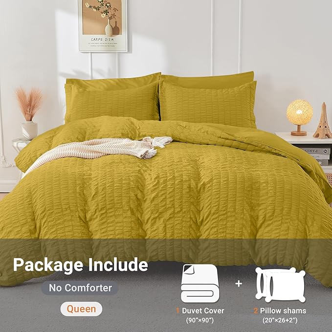 HYMOKEGE Mustard Yellow Duvet Cover Queen Size, Ultra Soft 3-Piece Seersucker - Image 5