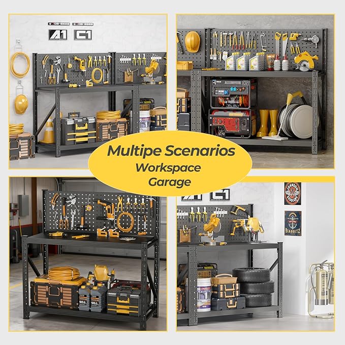 PLMFJQK 2 Sets Storage Shelves with Pegboard,Heavy Duty Garage Shelving Units and Storage,Metal Shelving Adjustable Shelves,Garage Storage Rack,Industrial Utility Shelf 47.2" H*47.09" W*19" D