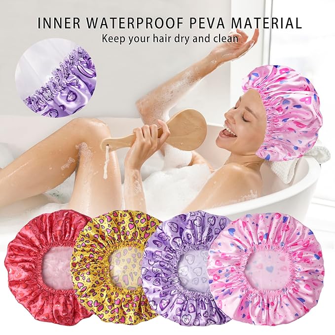 4 PCS Shower Cap for Women, Elastic and Reusable Bath Caps, Double Layers - Image 7