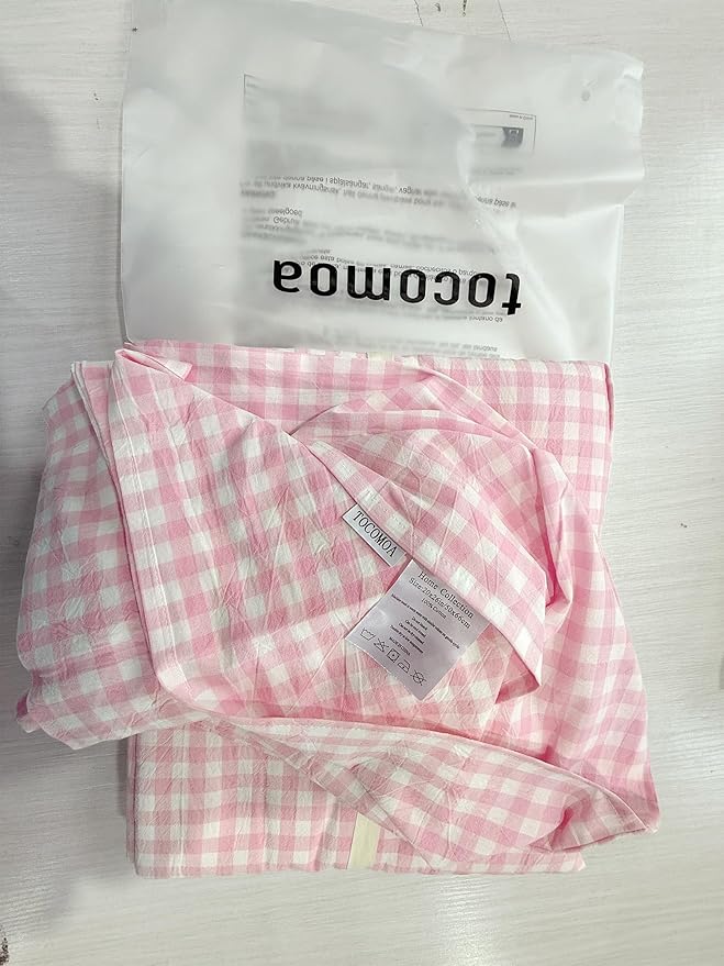 TOCOMOA Pink Gingham Duvet Cover Bedding Set 100% Washed Cotton Like Linen Feel - Image 9