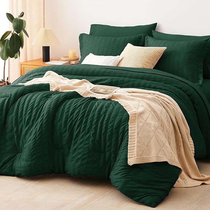 CozyLux Queen Comforter Set Emerald Green Seersucker 7 Pieces Bed in a Bag by CozyLux