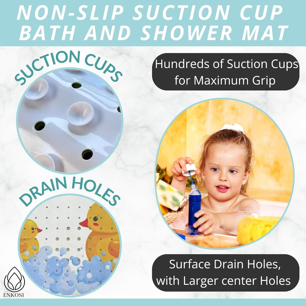 ENKOSI Kids Bath Mat 40x16 – Non-Slip Tub Bathmat Duck Print with Suction Cups & Drain Holes for Safe, Fun Bathtub Bath Time for Toddlers (40x16 Duck)