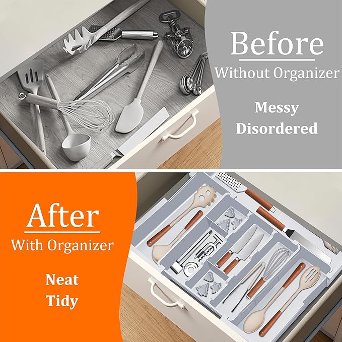 Spaclear Large Utensil Drawer Organizer Expandable Silverware Organizer for Kitchen Drawer Adjustable Cooking Utensil Holder Cutlery Flatware Tray Spatula Tools Gadgets Storage Dividers Plastic Grey