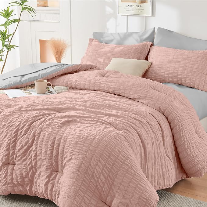 HYMOKEGE Rose Gold/Light Grey Queen Comforter Set Seersucker 7 Pieces, All by HYMOKEGE