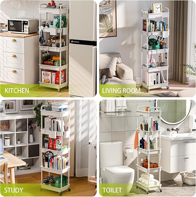 Sorgion 5 Tier Rolling Cart Organizer,Bathroom Cart Organizers with Wheels Laundry Room Organization Mobile Shelving Unit Utility Cart Storage Shelves Multi-Functional for Office, Home(White)