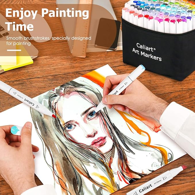 Caliart Alcohol Based Markers, 180 Colors Art Marker Set Fine & Chisel Dual Tip, Permanent Colored Pens for Adults Coloring Book Artists Illustration Sketch Drawing