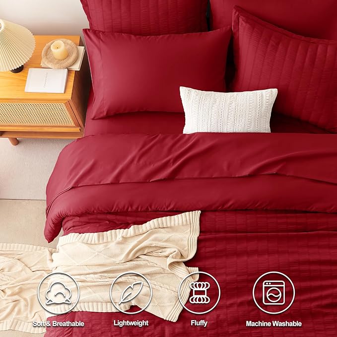 CozyLux King Size Comforter Set Dark Red Seersucker 7 Pieces Bed in a Bag King - Image 2