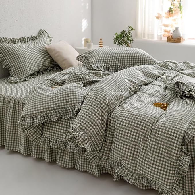 mixinni Green Ruffle Duvet Cover King Size 3 Pieces – 100% Washed Cotton - Image 2