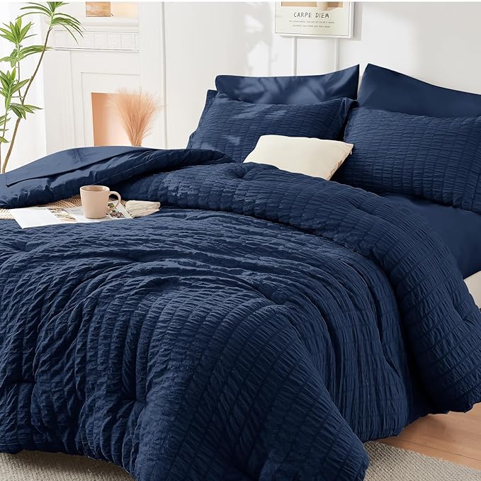 HYMOKEGE Navy Blue Queen Comforter Set Seersucker 7 Pieces, All Season Luxury by HYMOKEGE