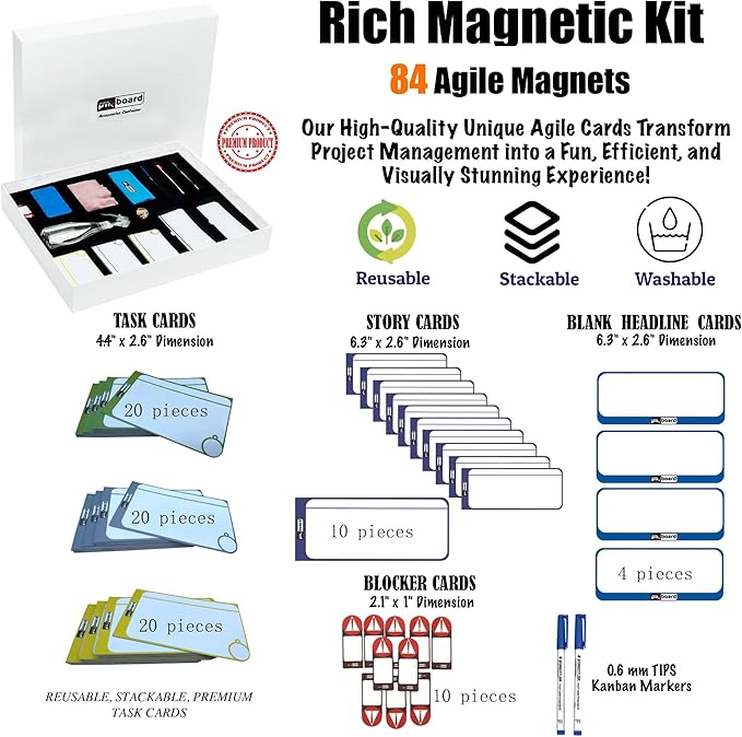 pmxboard Full Magnetic Agile Board Kit. Kanban Board, Scrum Board, Dry Erase Project Management Toolset. Includes Scrum Cards and kanban Cards Set. Project Planning Board for Agile Project Management