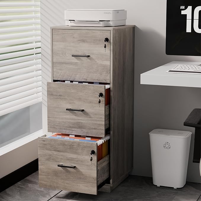 VINGLI 3 Drawer File Cabinet with Lock, Home Office Filing Organizer, for Letter Size File Folder Storage, Wood Tall Vertical Filing Cabinet, Printer Stand, Archivador (Rustic Gray)