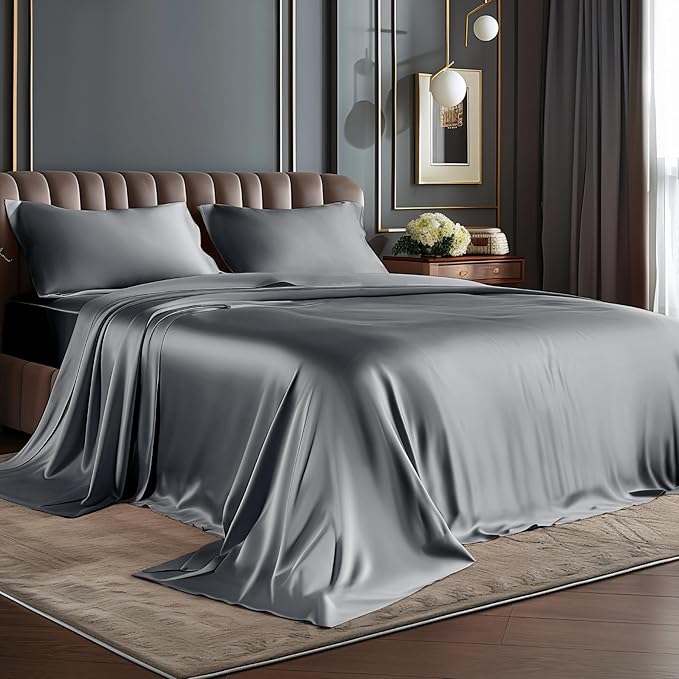 BEDELITE Satin Sheets Full XL Size Bed Set, Luxury Soft Dark Grey Silky Sheets by BEDELITE