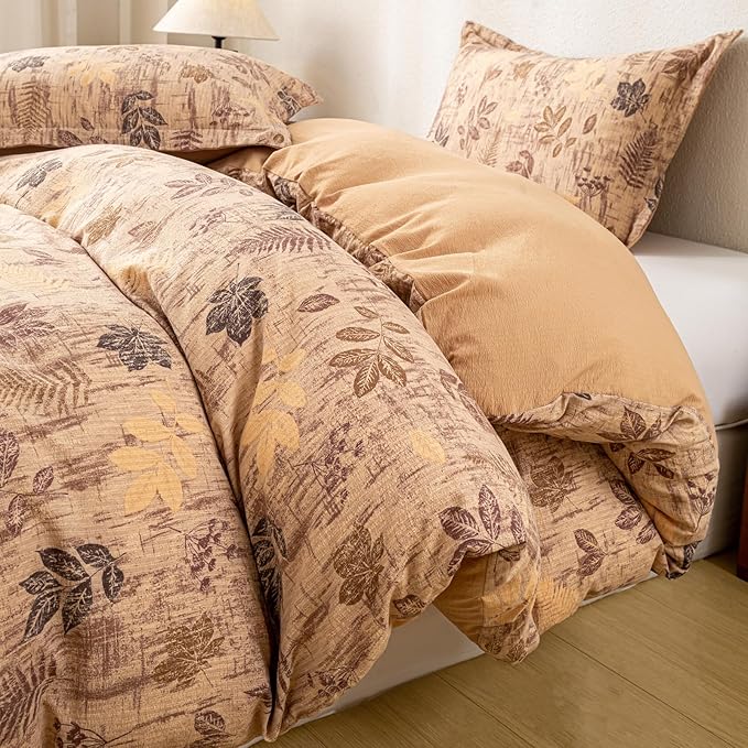 OAITE Brown Leaves King Size Duvet Cover-3 Pieces Prewashed Cotton-Like - Image 3