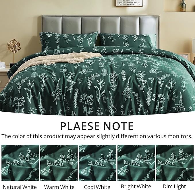 MUXHOMO Duvet Cover Queen Size, Reversible Floral Forest Green Duvet Cover Set - Image 7