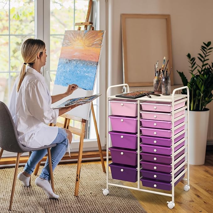 GOFLAME 15-Drawer Rolling Storage Cart, Craft Storage Cart with Removable Drawers & Lockable Wheels, Art Cart Supply Storage Organizer for Home Office Classroom, Purple Gradient