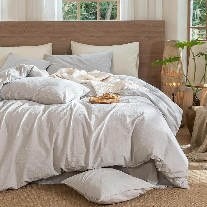 MooMee Wavy Striped Duvet Cover Set 100% Washed Cotton Linen Like Textured - Image 7